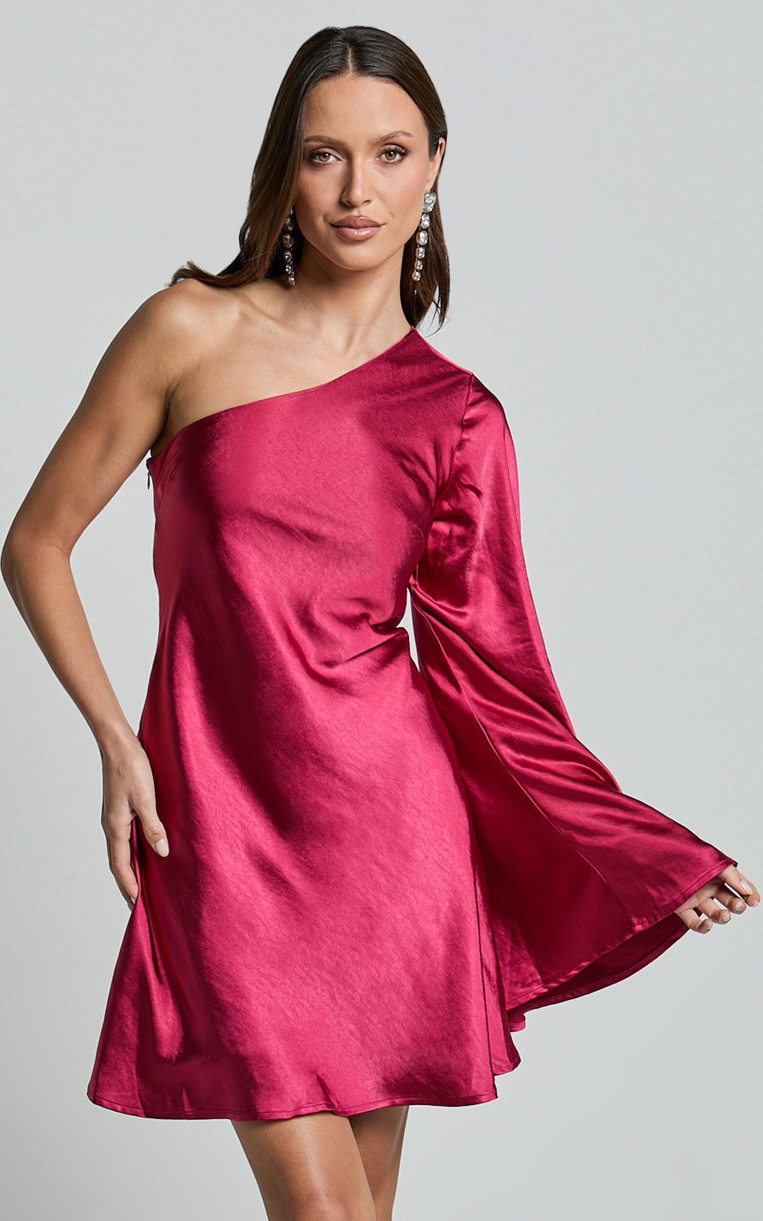 Karla Mini Dress - One Shoulder Long Sleeve Dress in Berry Product Image