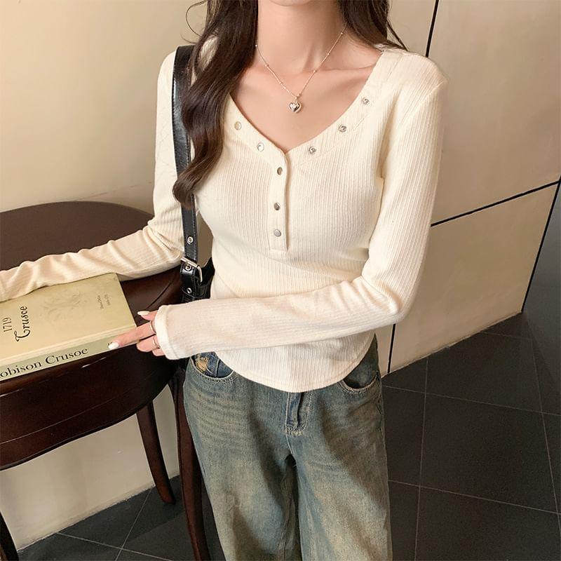 Long-Sleeve Half Buttoned Plain Knit Top Product Image