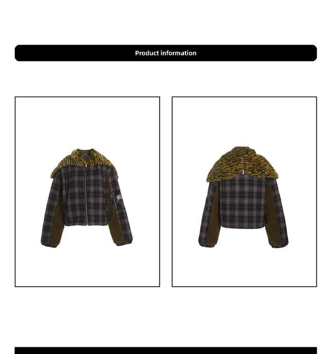 Collared Plaid Panel Fleece Zip Puffer Jacket Product Image