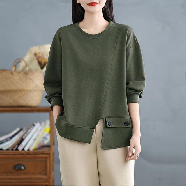 Crew Neck Plain Asymmetrical Slit Pullover Product Image