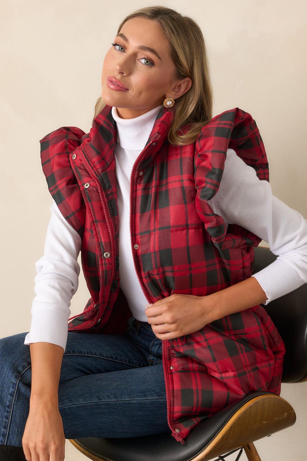 I Found You Red Plaid Flutter Sleeve Puffer Vest Product Image