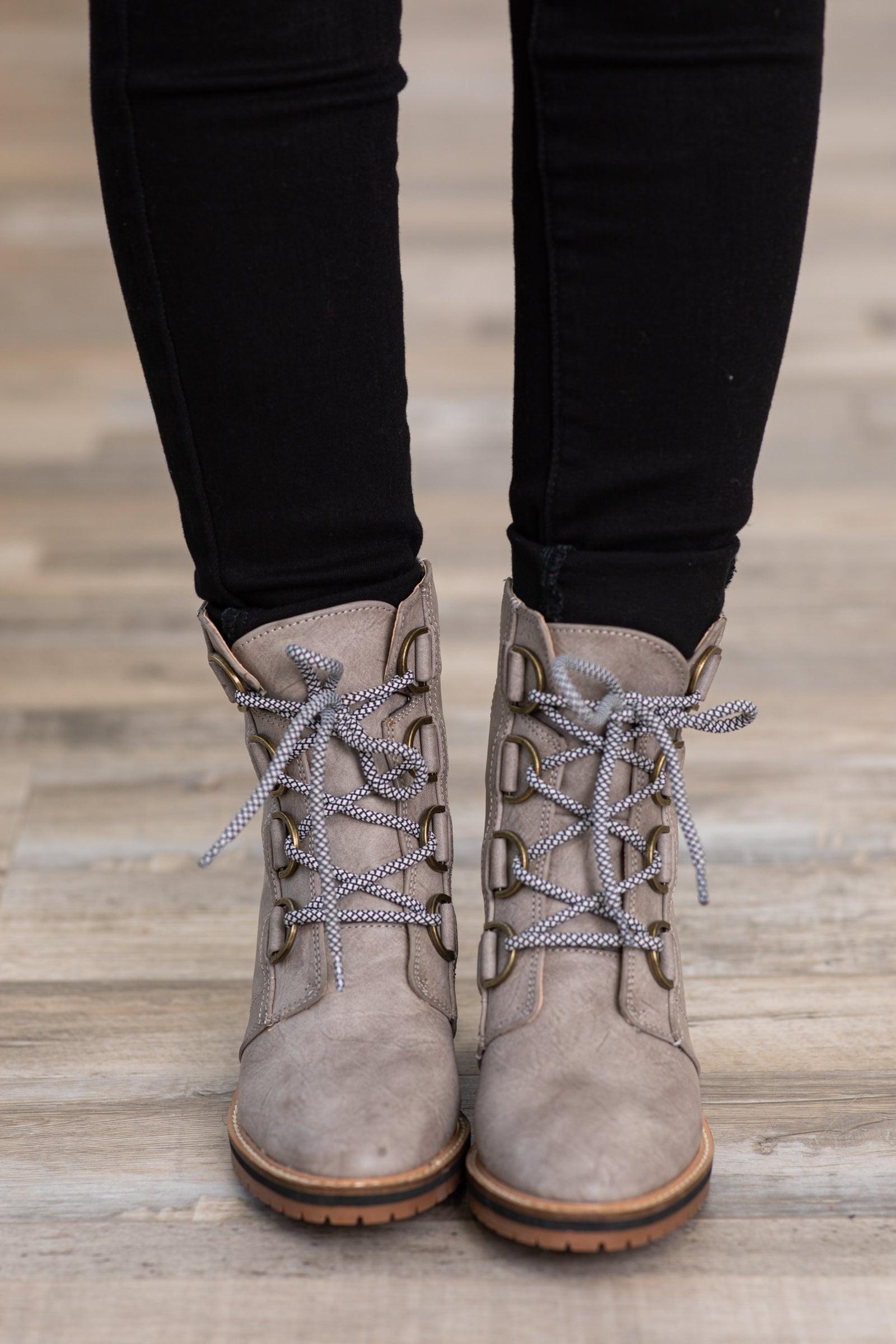 Grey Lace Up Boots With Block Heel Product Image