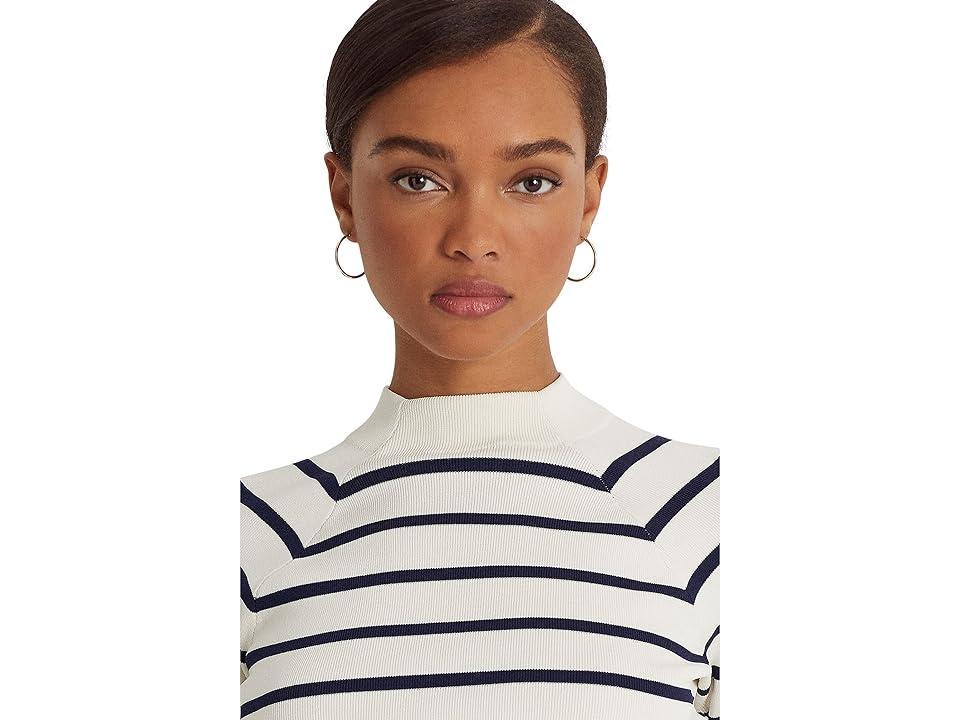 LAUREN Ralph Lauren Striped Cropped Mock Neck Sweater (Mascarpone Cream/French Navy) Women's Clothing Product Image