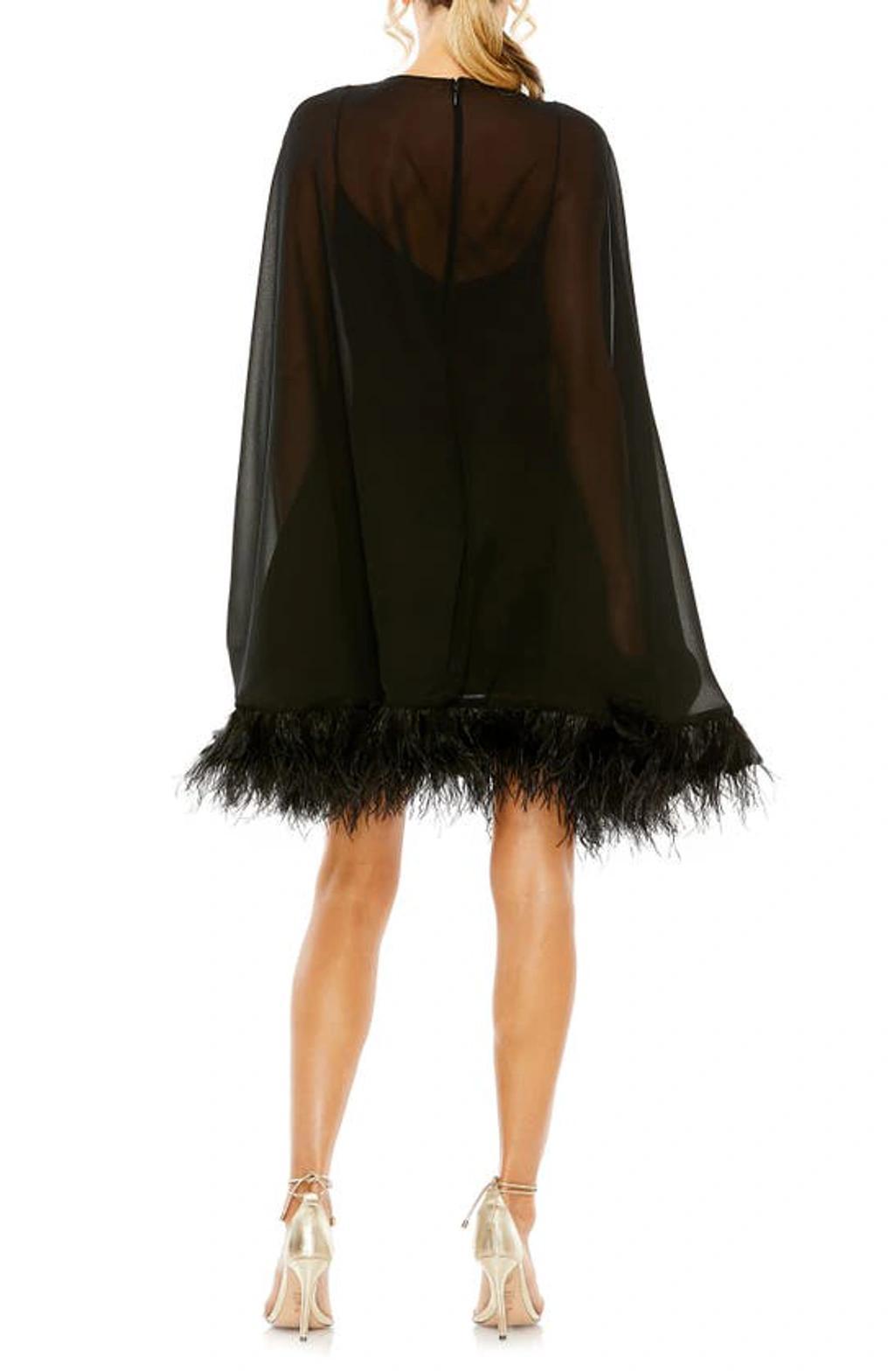 Long Sleeve Feather Trim Trapeze Minidress In Black Product Image