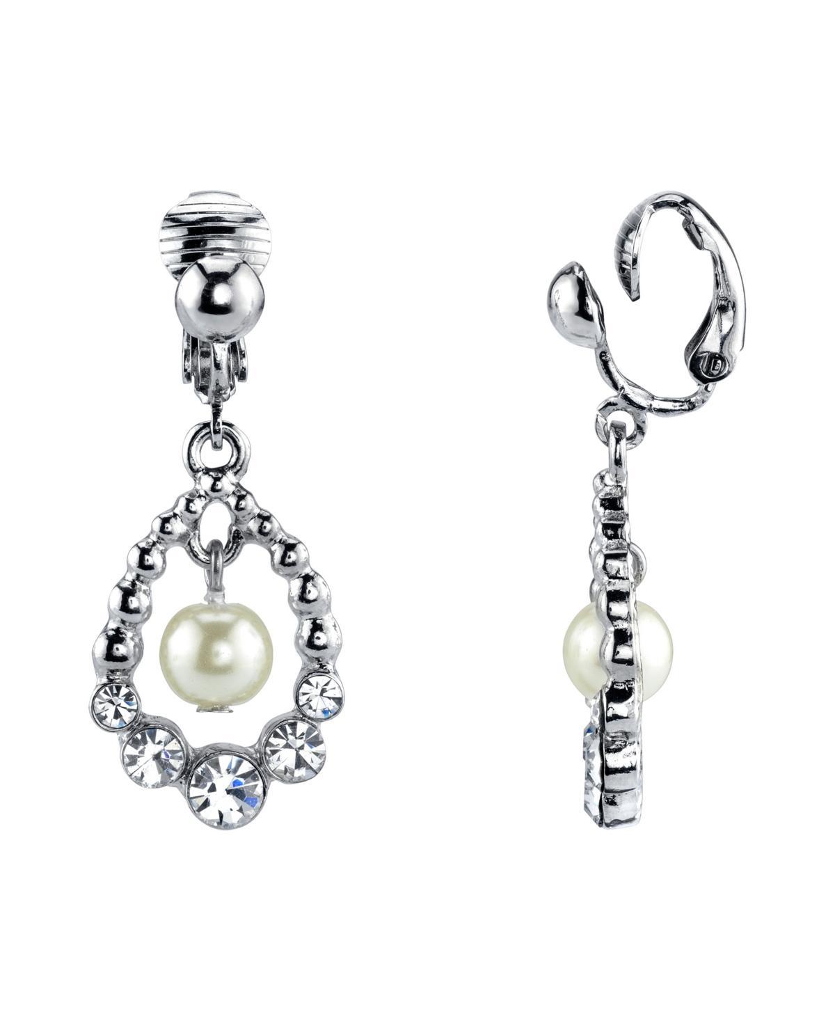 2028 Silver Tone Imitation Pearl and Crystal Clip Drop Earrings Product Image