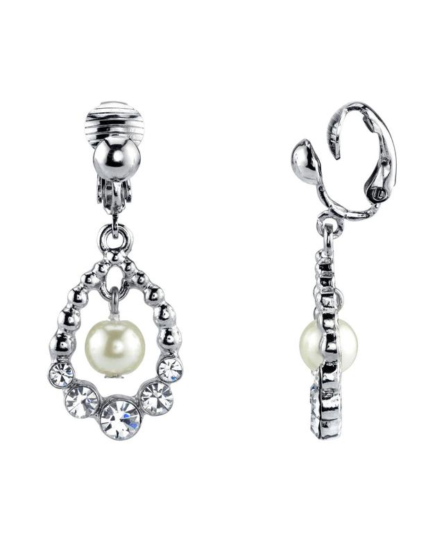 1928 Silver Tone Simulated Stone & Pearl Orbital Drop Clip-On Earrings, Womens, White Product Image