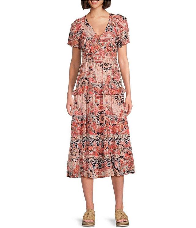 Nurture by Westbound Printed V-Neck Tiered Short Sleeve Ruffle Midi A-Line Dress Product Image