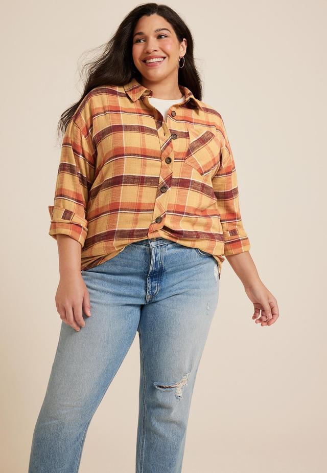 Maurices Plus Size Womens Plaid Pumpkin Graphic Back Oversized Button Down Shirt Brown Size 3X Product Image