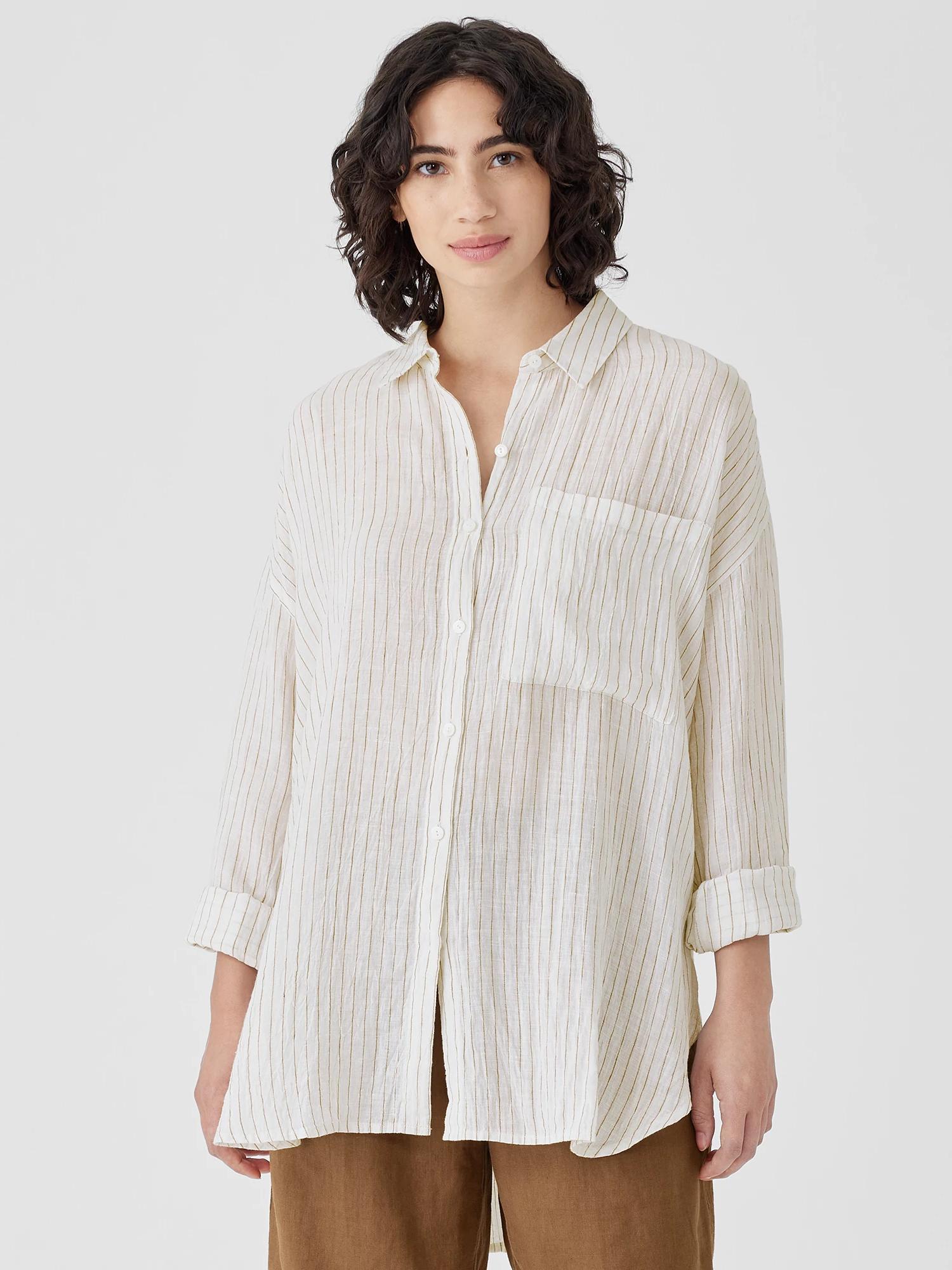 EILEEN FISHER Puckered Organic Linen Classic Collar Long Shirtfemale Product Image