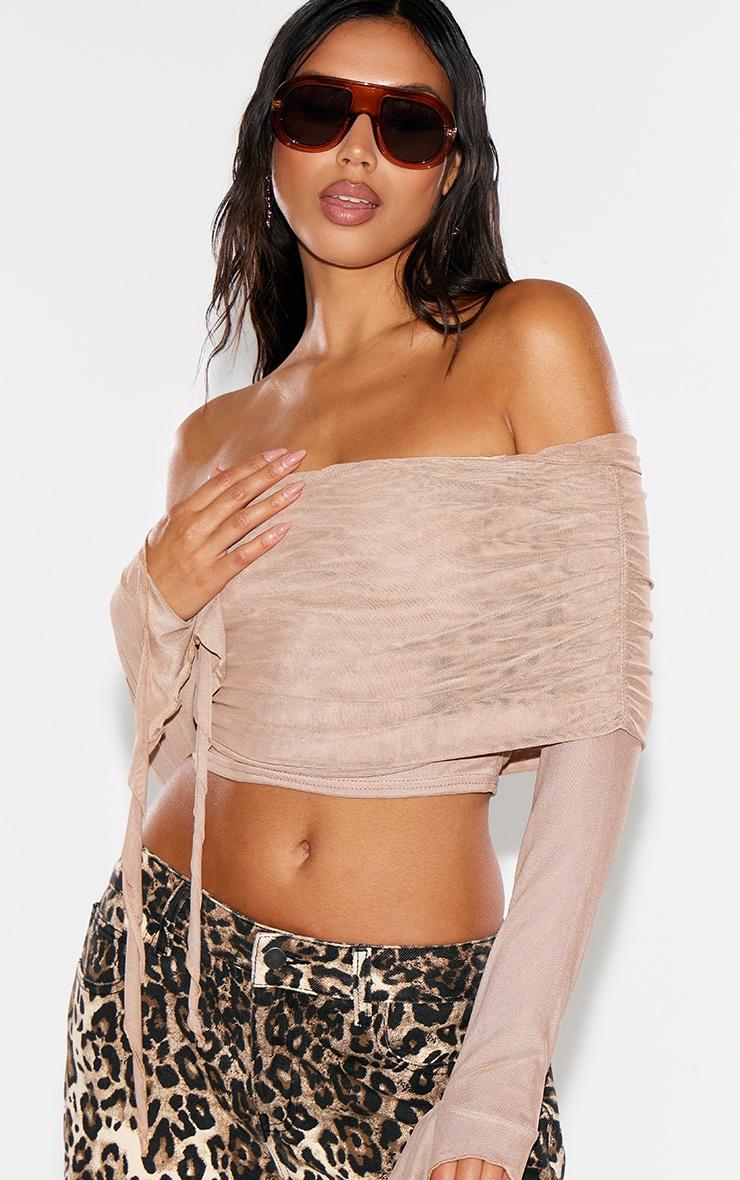 Beige Mesh Ultra Long Drape Sleeve Crop Top Product Image