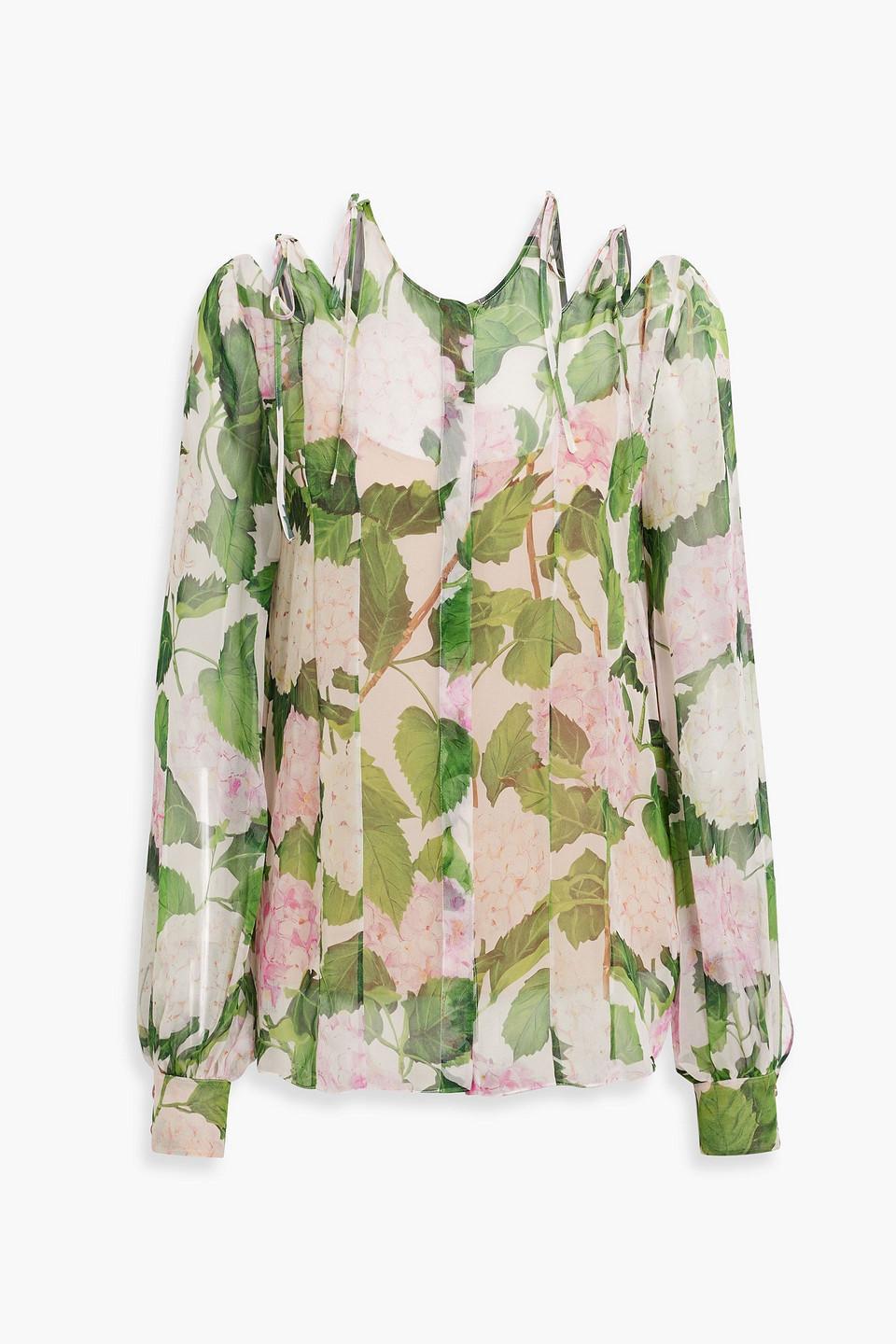 Hydrangea-print Tie Cold-shoulder Chiffon Blouse In Pink Product Image