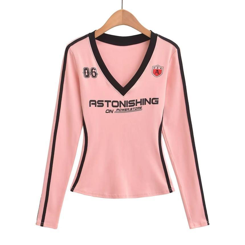 Long-Sleeve V-Neck Lettering Contrast Trim T-Shirt / Hot Pants Product Image