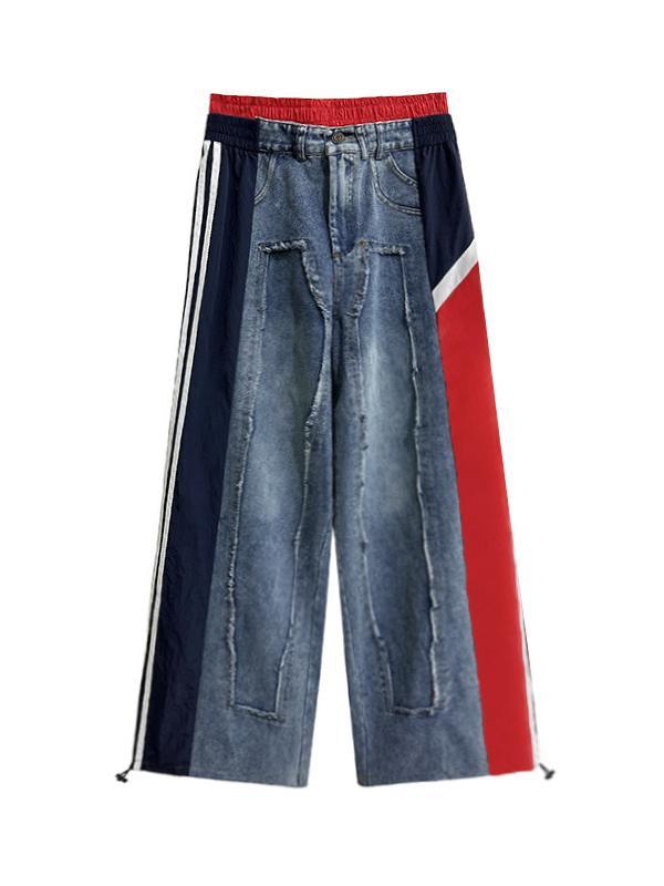 Loose Wide Leg Contrast Color Drawstring Elasticity Fringed Split-Joint Jean Pants Bottoms Product Image