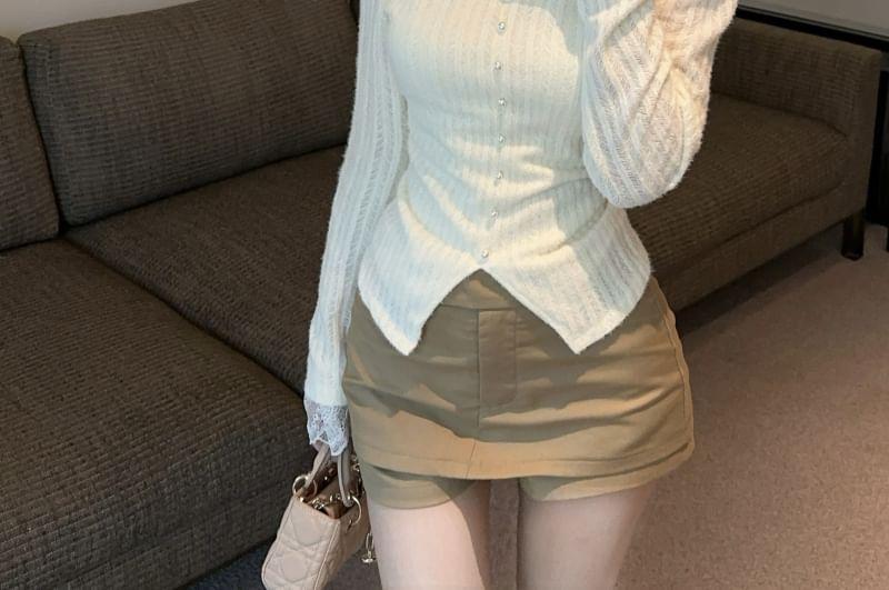 Long-Sleeve Mock Neck Lace Panel Button Ribbed Top Product Image