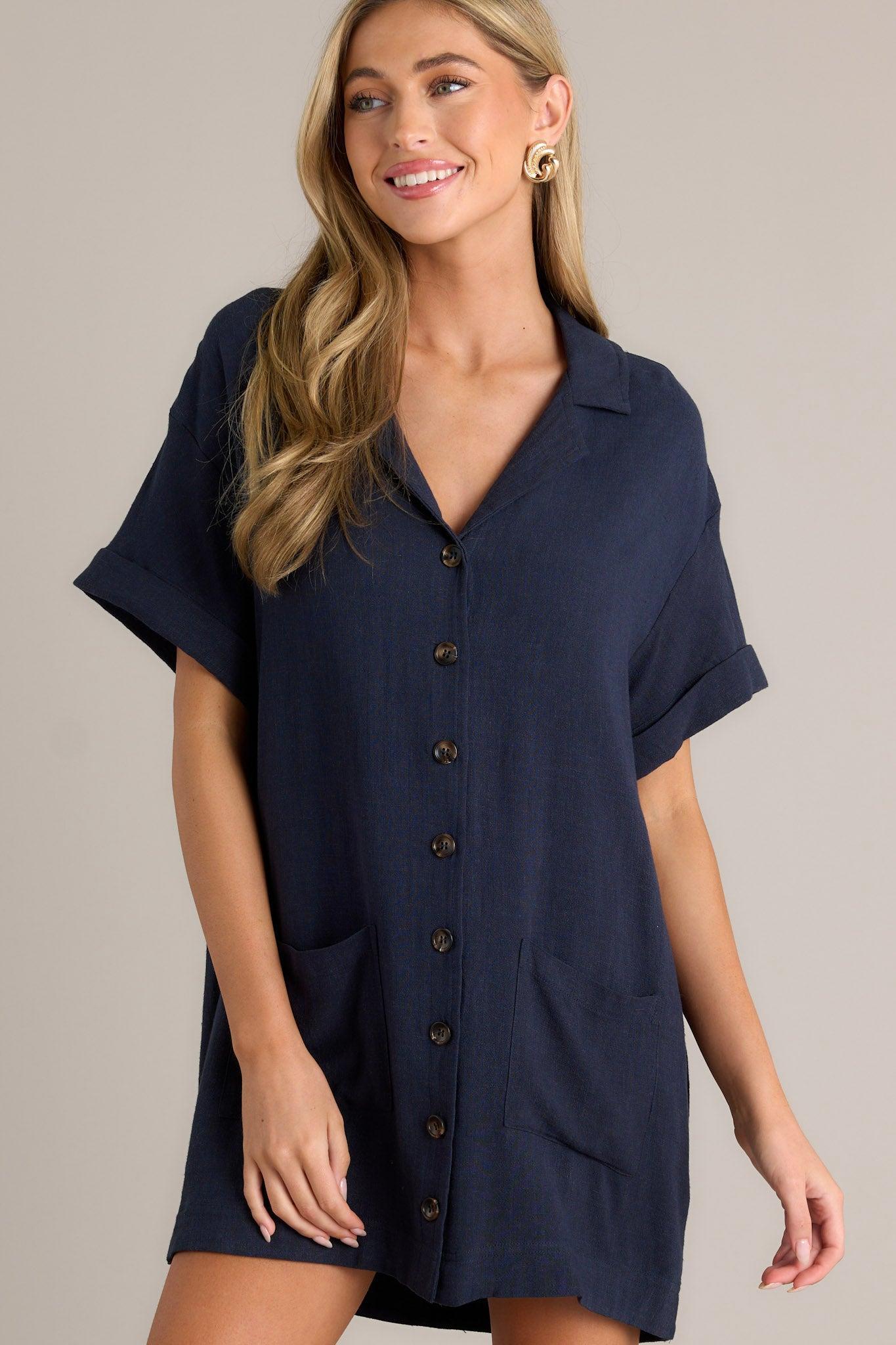 Effortless Selection Navy Button Front Mini Shirt Dress Product Image