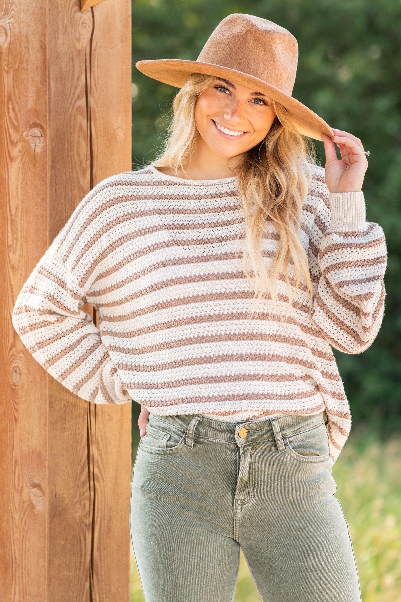 Taupe Relaxed Striped Knit Sweater Product Image