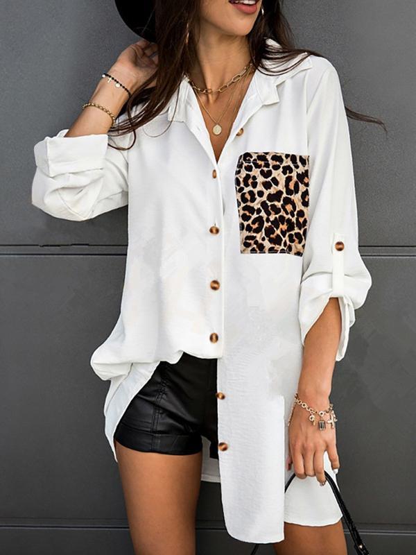 Long Sleeves Loose Leopard Split-Joint Lapel Blouses Product Image