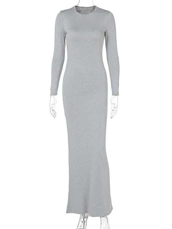 Bodycon Long Sleeves See-Through Solid Color Round-Neck Maxi Dresses Product Image