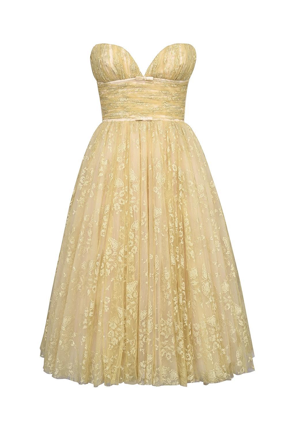 Madame Gold Metallic Lace Tulle Midi Gown Product Image