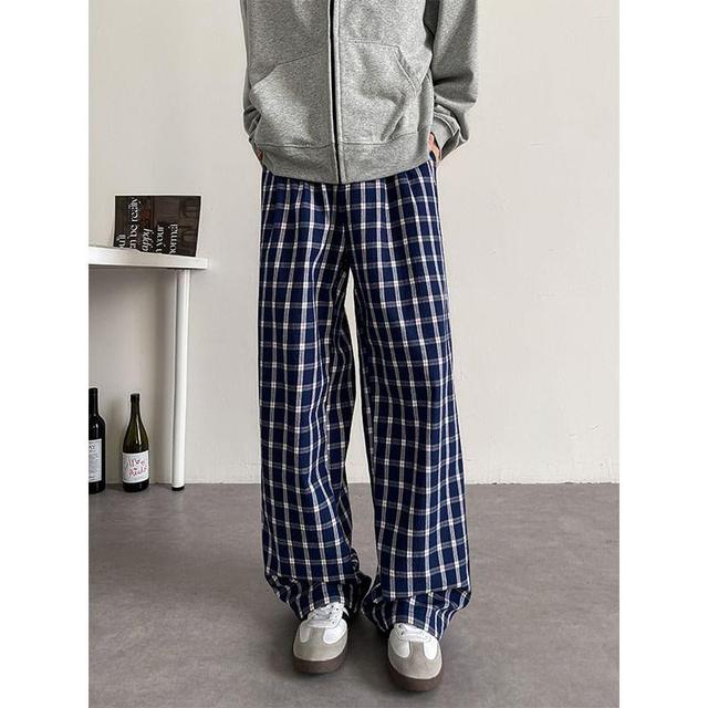 Mid Rise Plaid Fleece-Lined Straight Leg Pants Product Image