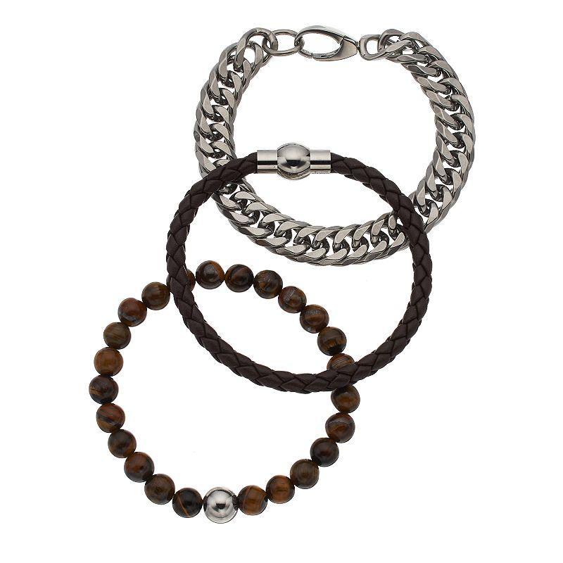 Mens Stainless Steel Lab-Created Tigers-Eye Beaded, Leather & Curb Chain Bracelet Set Product Image