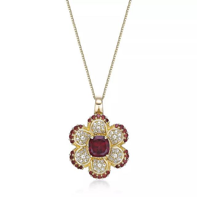 Gemminded 2 Micron Gold Over Silver Garnet & Lab-Created White Sapphire Flower Pendant Necklace, Womens Gold Tone Product Image