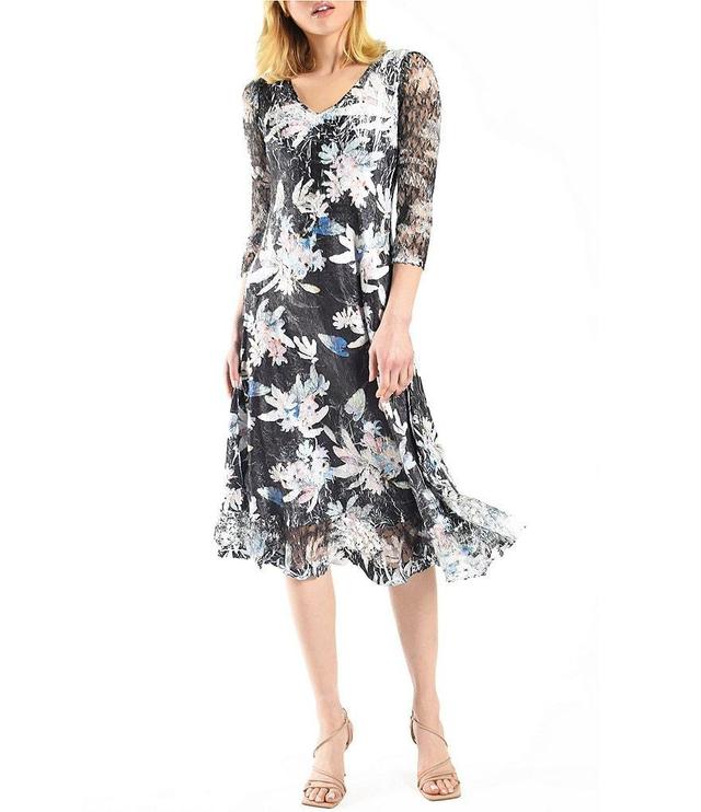 Komarov Floral Print V-Neck 3/4 Lace Sleeve Midi Shift Dress Product Image