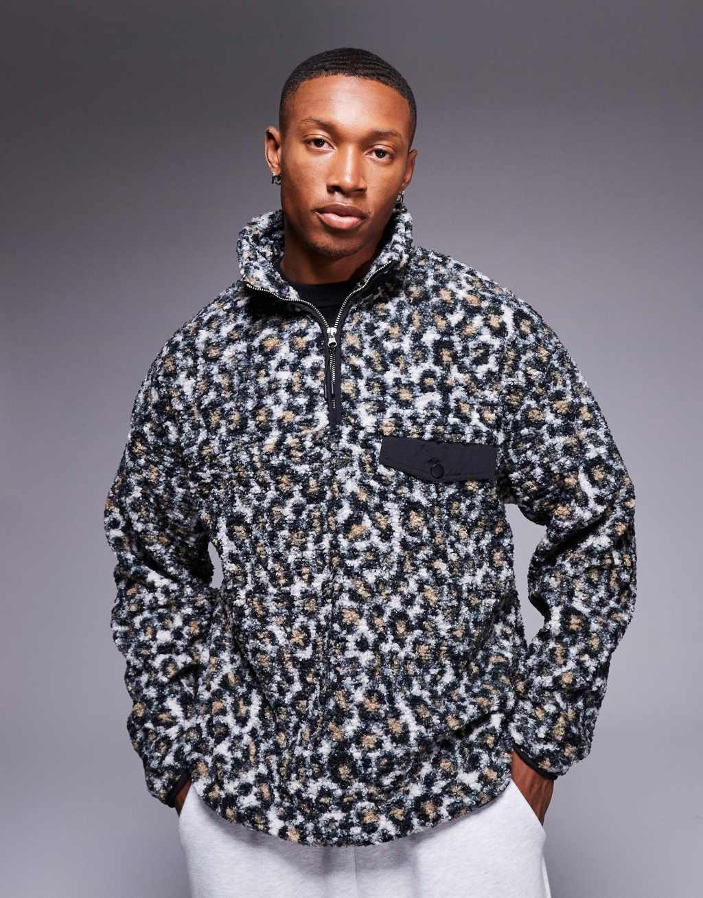 ASOS DESIGN oversized half zip sweatshirt in borg leopard print Product Image