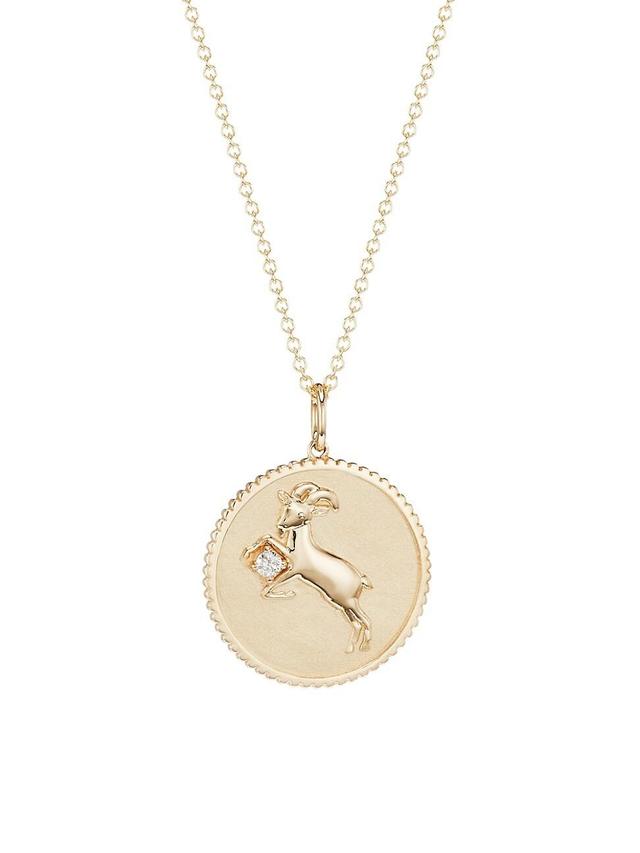 Womens 14K Yellow Gold & Diamond Large Zodiac Medallion Pendant Necklace Product Image