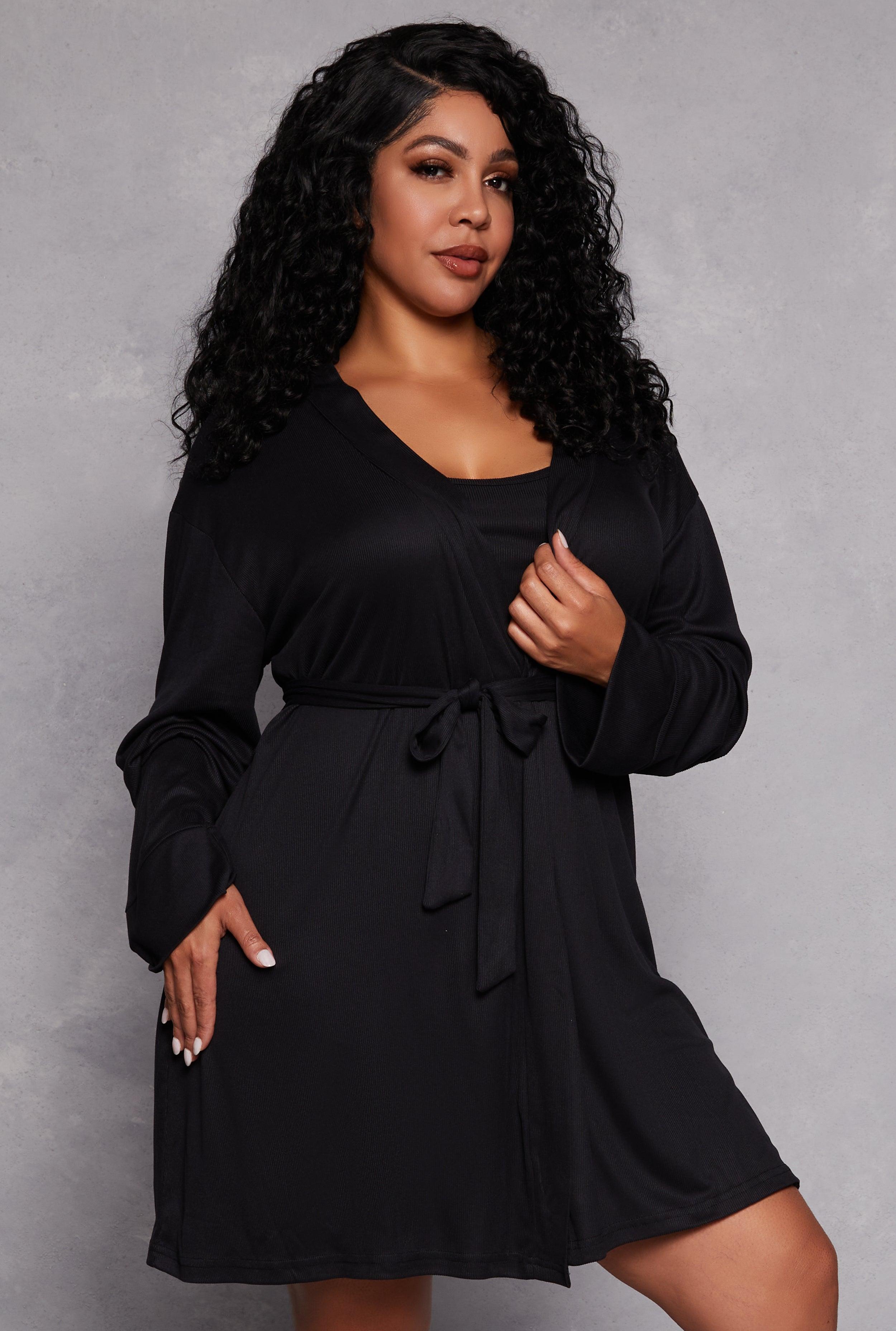 Womens Plus Size Ribbed Knit Cami Nightgown with Robe Product Image