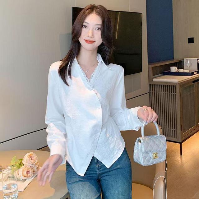 Long Sleeve Collared V-Neck Plain Panel Lace Wrap Shirt Product Image