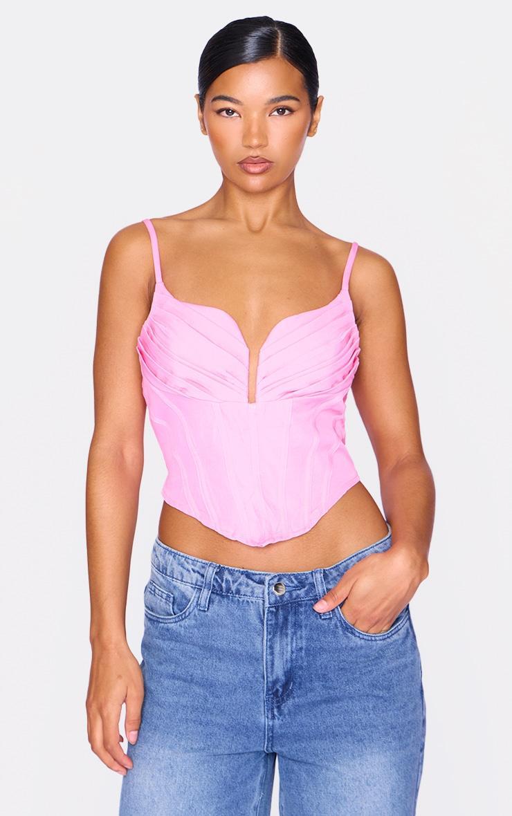 Pink Strappy Pleated Bust Corset Detail Crop Top Product Image