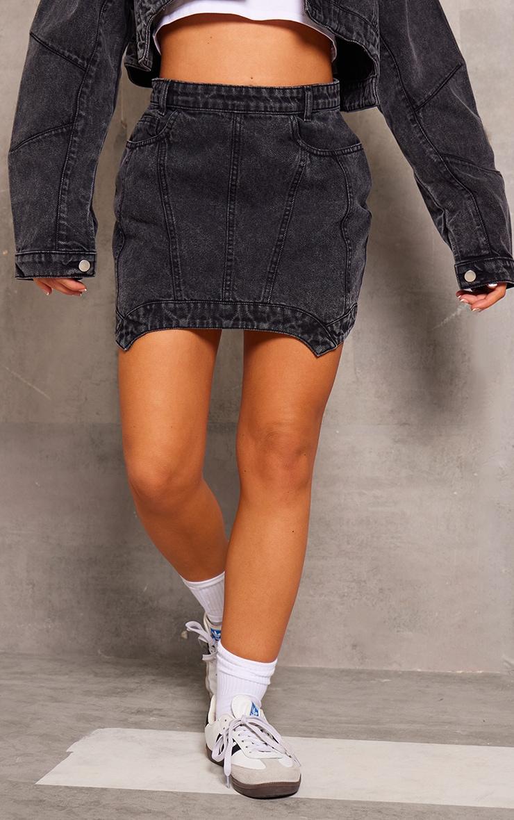 Washed Black Seam Detail Asymmetric Denim Mini Skirt Product Image