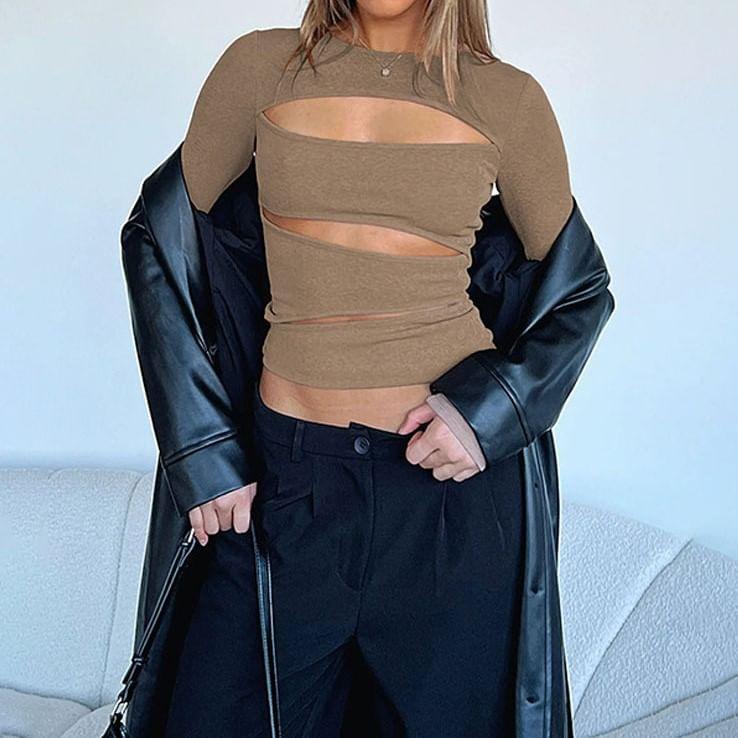 Long-Sleeve Plain Cutout Top Product Image