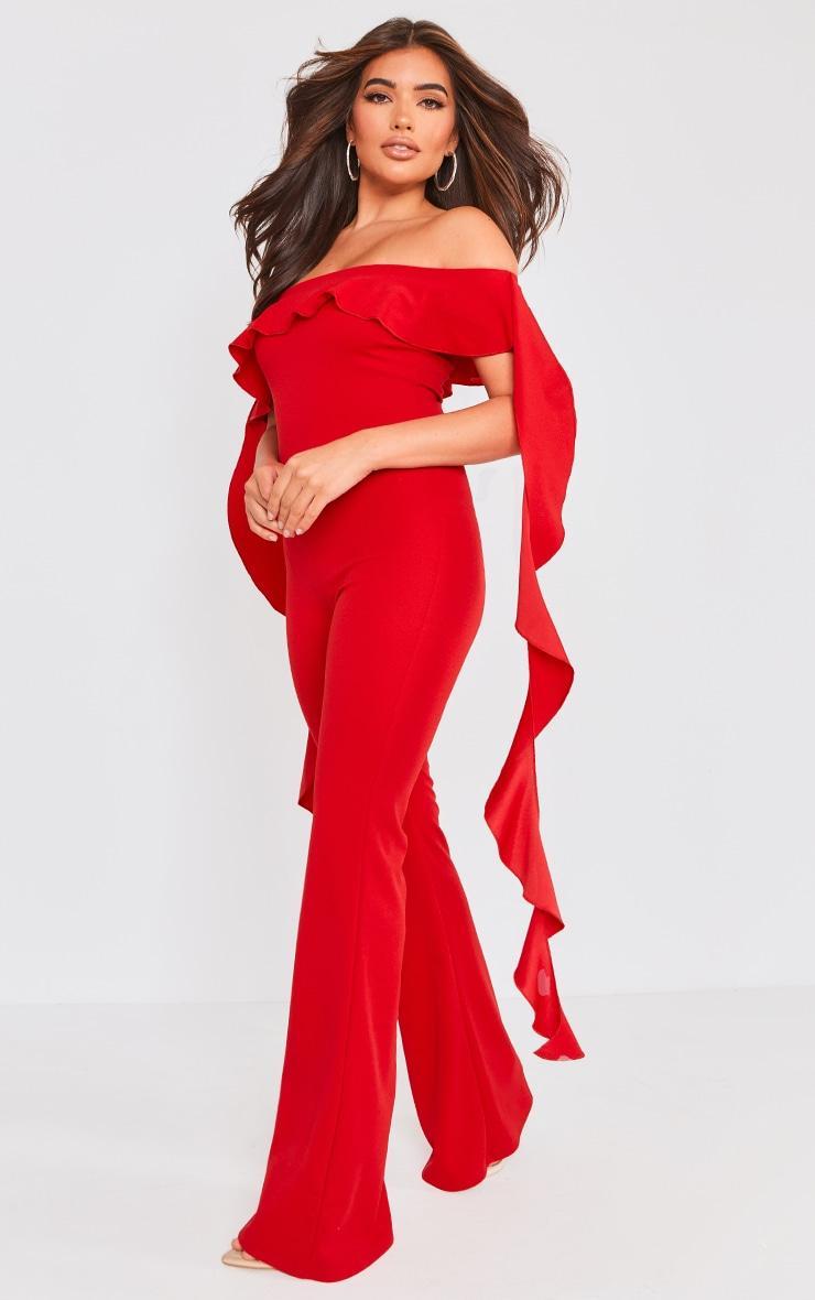 Red Off Shoulder Ruffle Detail Jumpsuit Product Image