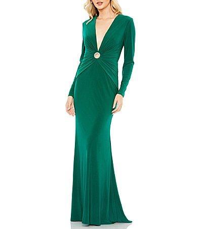 Mac Duggal Deep V-Neck Ruched Jeweled O Ring Long Sleeve Gown Product Image