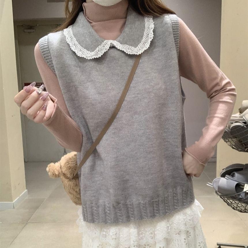 Peter Pan Collar Contrast Lace Trim Sweater Vest Product Image