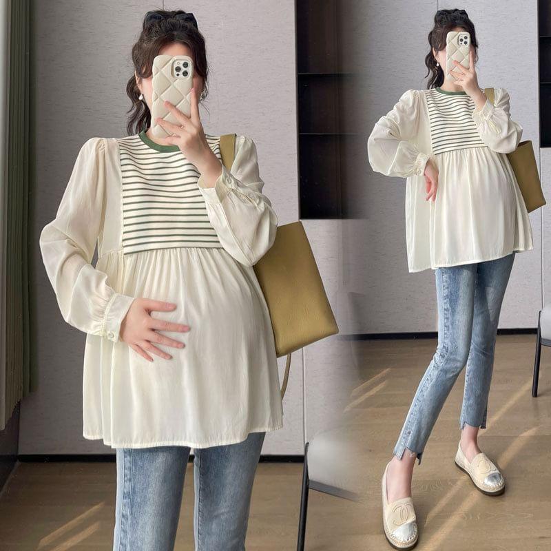 Maternity Long Sleeve Round Neck Striped Panel Blouse Product Image