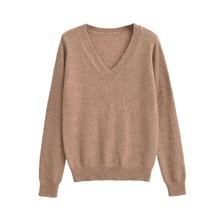 V-Neck Plain Ruffle Hem Sweater Product Image