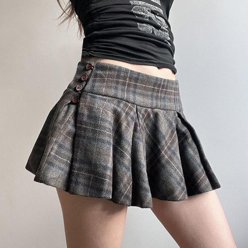 Low Rise Plaid Mini A-Line Skirt Product Image