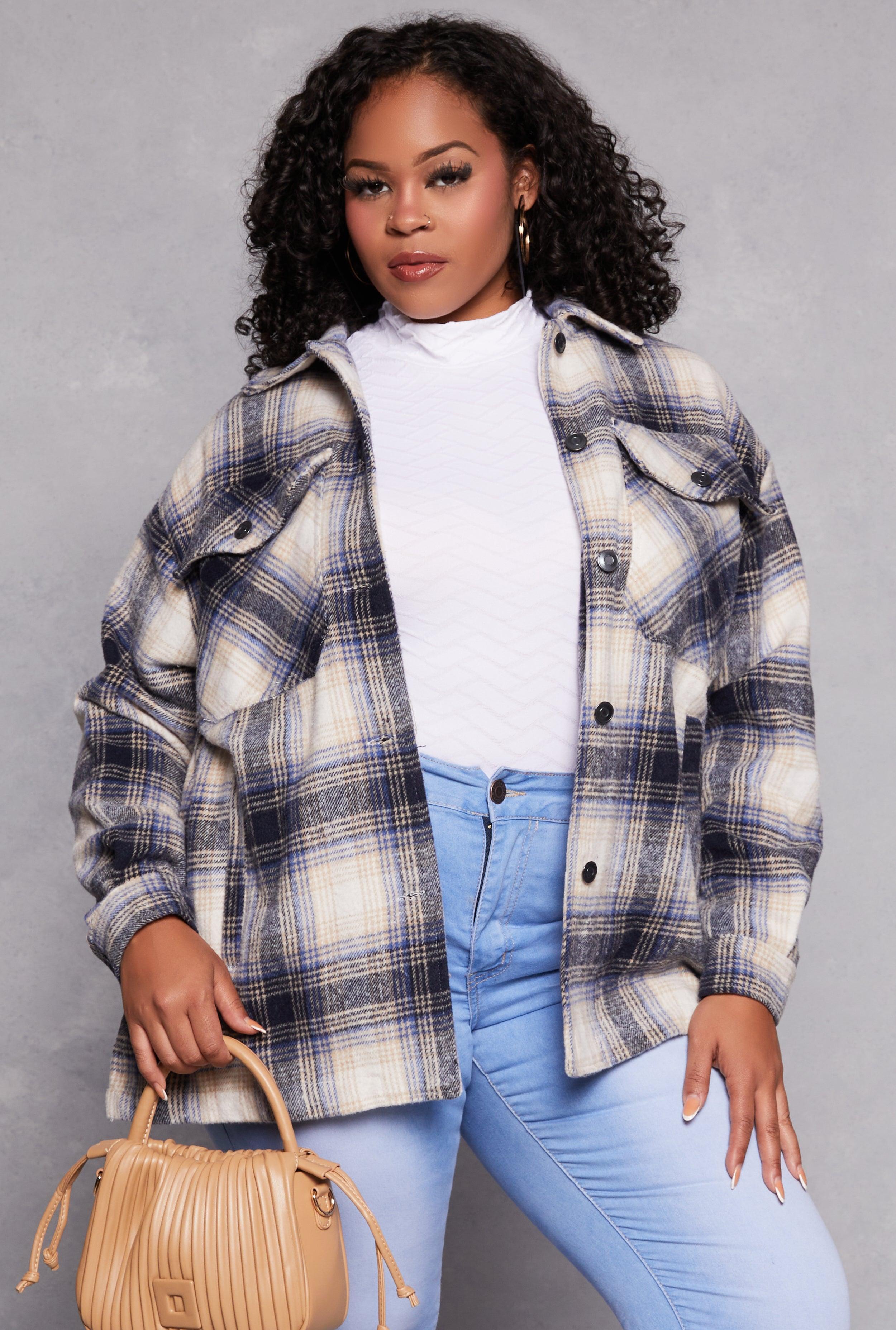 Womens Plus Size Brushed Knit Plaid Shacket Product Image