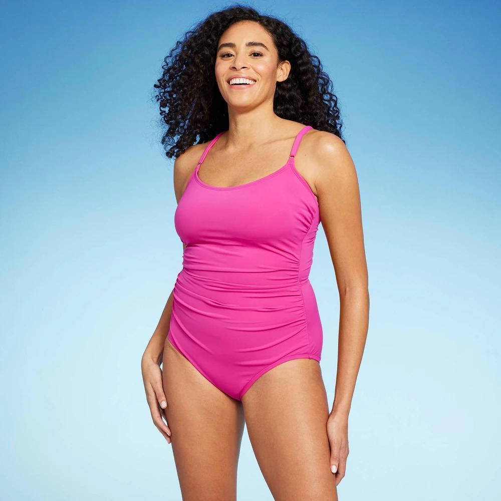 Womens Shirred Front Keyhole Back High Coverage One Piece Swimsuit with Tummy Control - Kona Sol Pink L Product Image