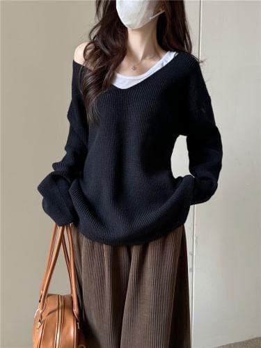 V-Neck Plain Ribbed Sweater / Tank Top Product Image