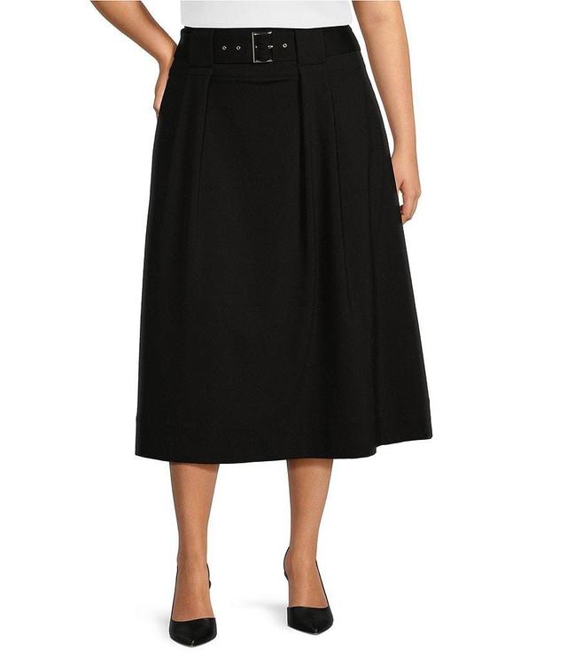 Ming Wang Plus Size Ponte Belted Midi A-Line Skirt Product Image