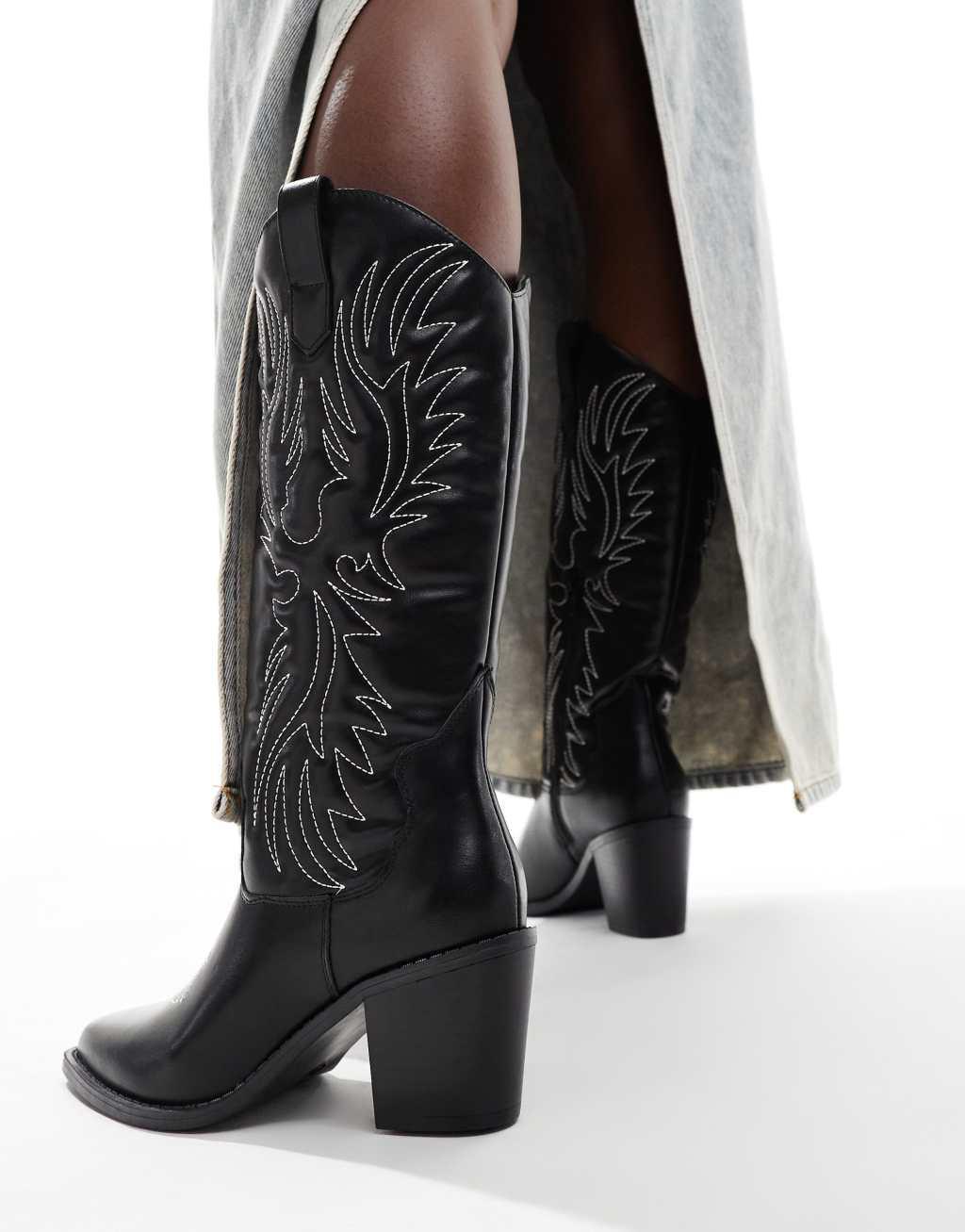 Glamorous western heeled knee boots in black Product Image