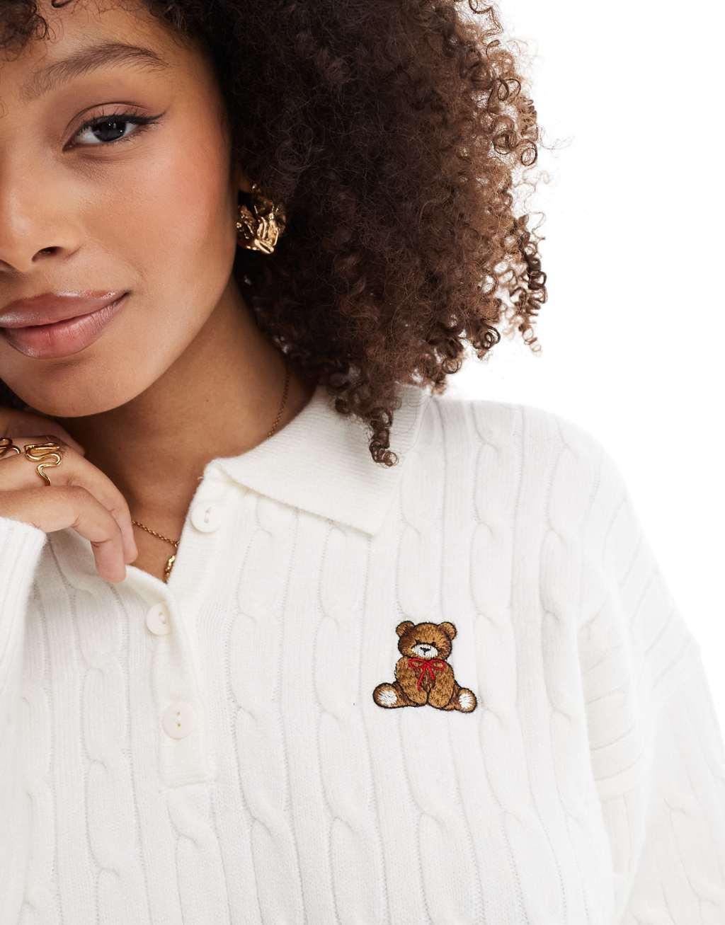 Bershka cable knit teddy bear sweater in ecru Product Image