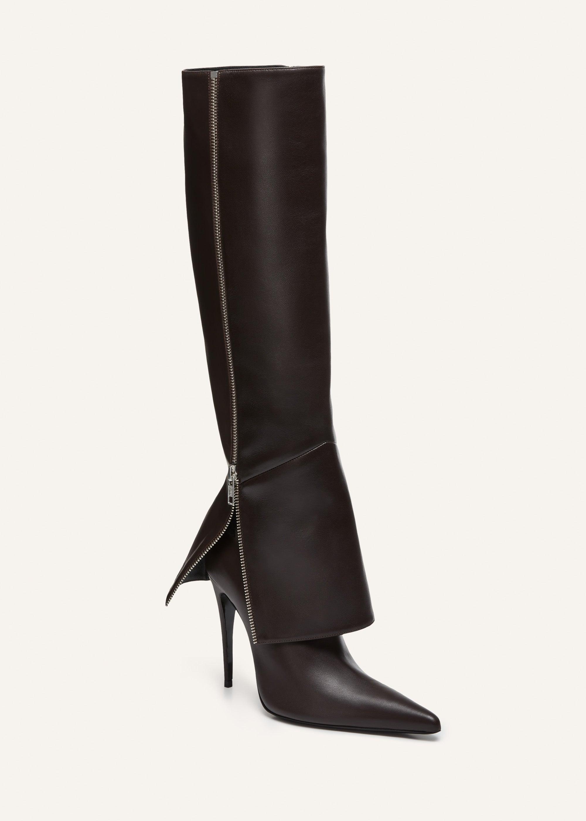 Exposed zipper boots in brown leather Product Image