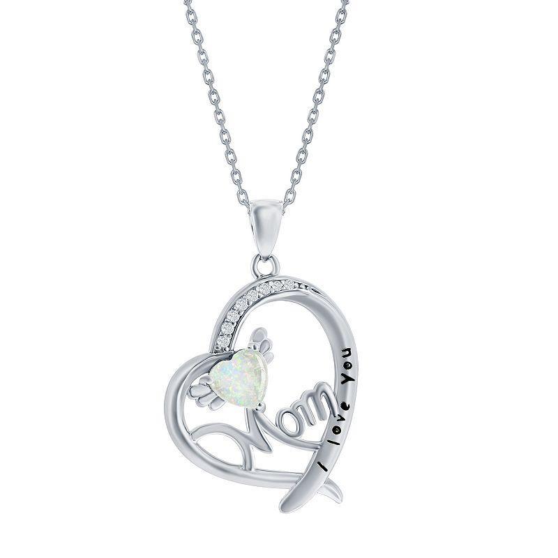 Sterling Silver Opal & Cubic Zirconia Mom I Love You Heart Pendant Necklace, Womens White Product Image