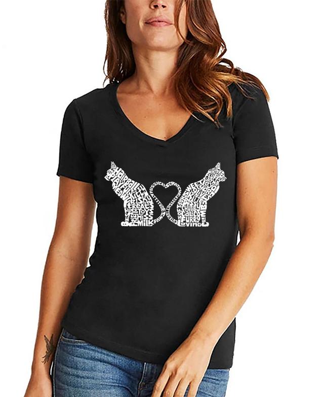 La Pop Art Womens Word Art Cat Tail Heart V-Neck T-Shirt Product Image