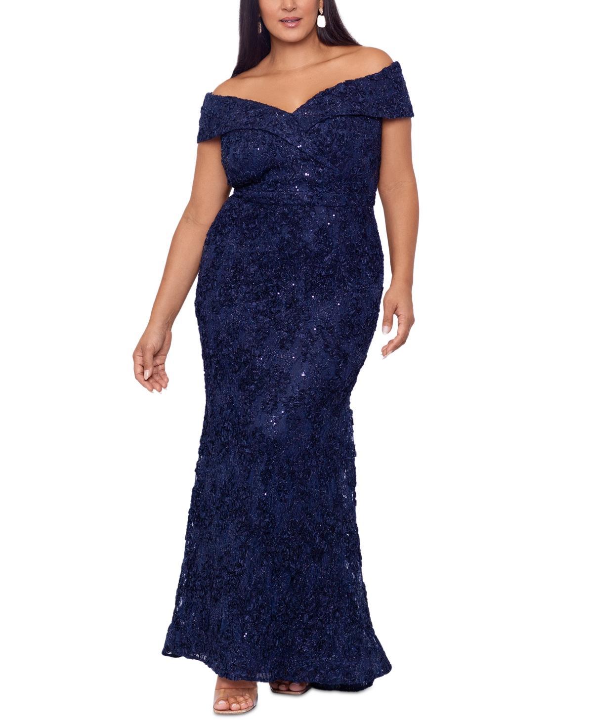 XSCAPE Plus Size Off-the-Shoulder Embroidered Lace Dress (Navy) Women's Clothing Product Image